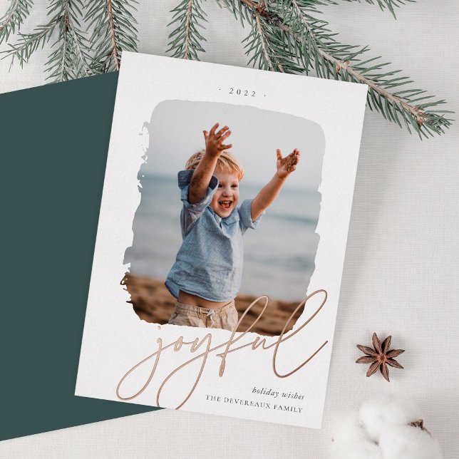Joyful Brushed Signature | Photo Rose Gold Foil Holiday Card (Creator Uploaded)