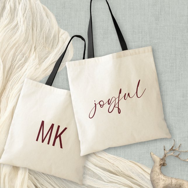 Joyful Burgundy Calligraphy Monogram Initials Tote Bag (Front and back view)
