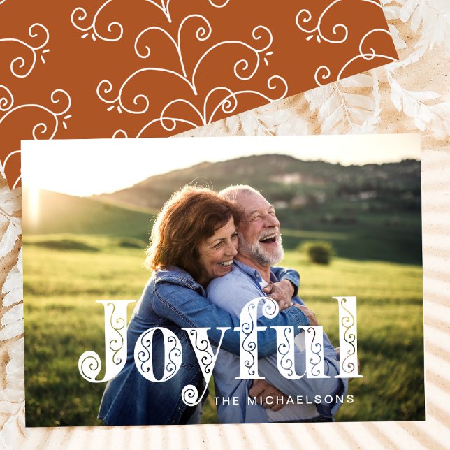 Joyful Burnt Orange Swirls Photo Christmas Holiday Card (Creator Uploaded)