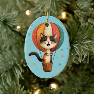 Joyful Calico Cat Sky Adventure Illustration Ceramic Ornament