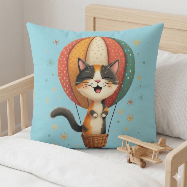 Joyful Calico Cat Sky Adventure Illustration Cushion (Joyful Calico Cat Sky Adventure Illustration Throw Pillow Mockup A)