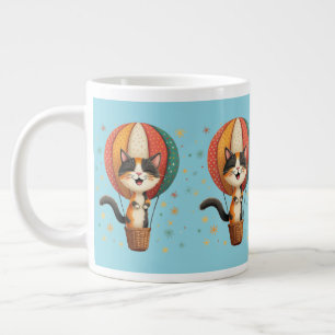 Joyful Calico Cat Sky Adventure Illustration Large Coffee Mug