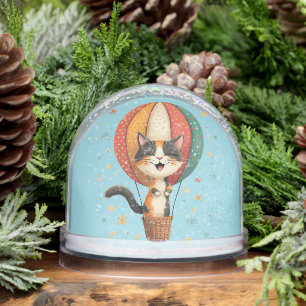 Joyful Calico Cat Sky Adventure Illustration Snowglobe