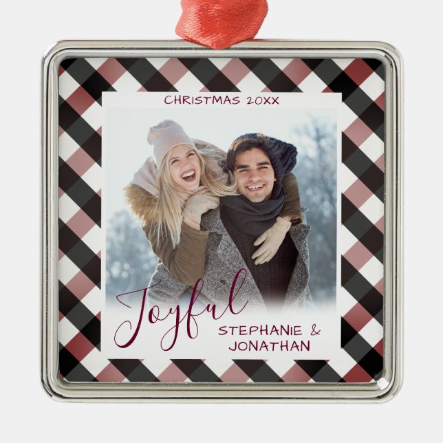 Joyful Calligraphy Buffalo Checked Photo Christmas Metal Ornament (Front)