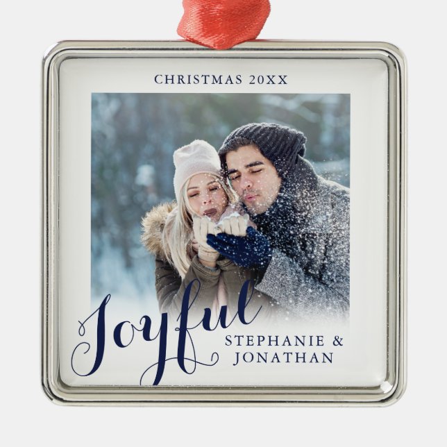 Joyful Calligraphy Elegant Photo Christmas Metal Ornament (Front)