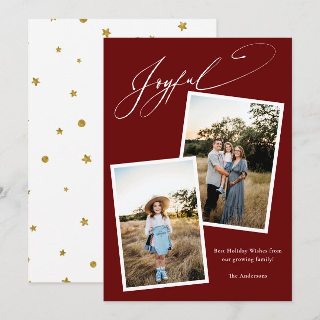 Joyful Calligraphy Red Christmas Photo Pregnancy Holiday Card (Front/Back)