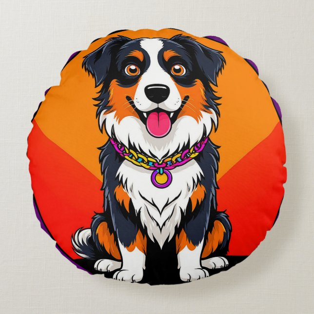 Joyful Cartoon Dog Illustration Round Cushion (Front)