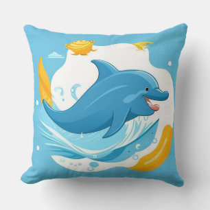 Joyful Cartoon Dolphin Swimming in Blue Water Cushion