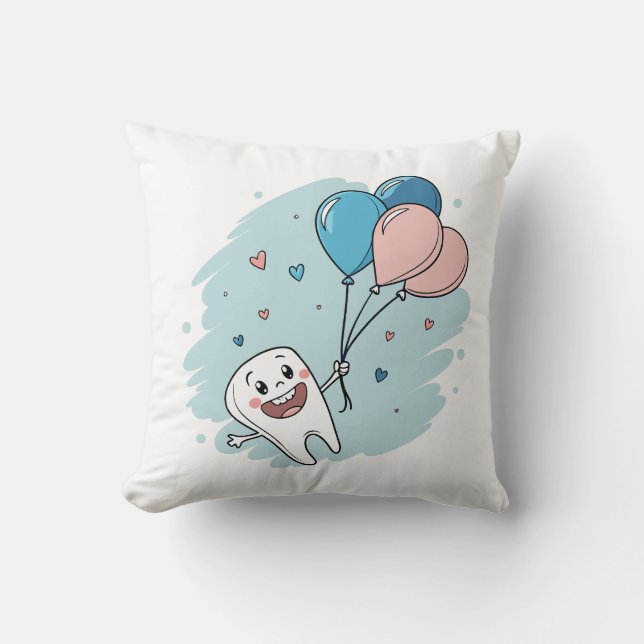 Joyful Cartoon Tooth with Balloons – Dental Health Cushion (Front)