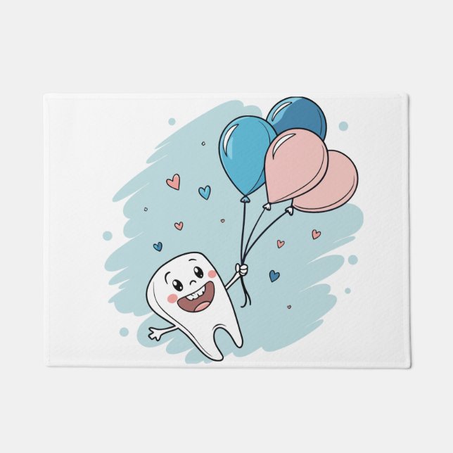 Joyful Cartoon Tooth with Balloons – Dental Health Doormat (Front)