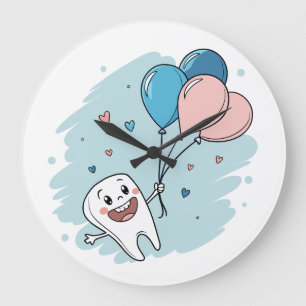 Joyful Cartoon Tooth with Balloons – Dental Health Large Clock