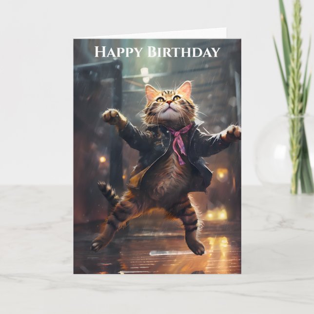 Joyful Cat Dancing In The Rain Birthday Card (Front)