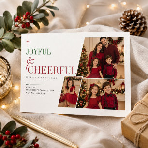Joyful & Cheerful Angled Christmas Family 3 Photo Holiday Card