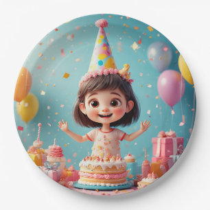 Joyful Child Celebrating Birthday with Cake Paper Plate