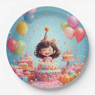 Joyful Child Celebrating Birthday with Cake Paper Plate