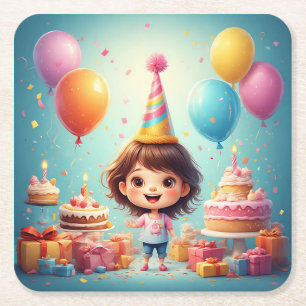 Joyful Child Celebrating Birthday with Cake Square Paper Coaster