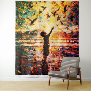 Joyful Child Playing with Birds Sunrise Water Tapestry