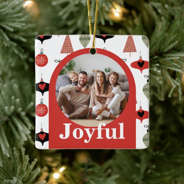 Joyful Christmas 4 Family Photo Collage Red Arch Ceramic Ornament (Tree)