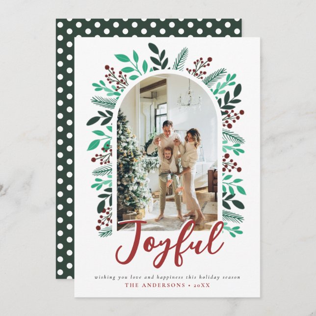 Joyful Christmas Arch Berries Foliage Photo Green Holiday Card (Front/Back)