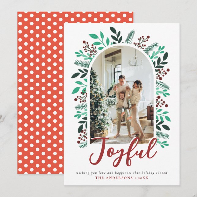 Joyful Christmas Arch Berries Foliage Photo Holiday Card (Front/Back)