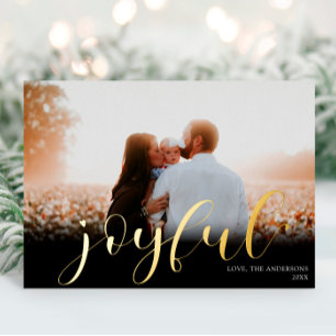 Joyful Christmas Elegant black gold foil photo Foil Holiday Card