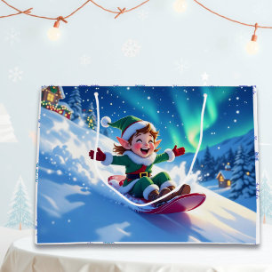 Joyful Christmas Elf Sledding Large Gift Bag
