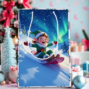 Joyful Christmas Elf Sledding Medium Gift Bag