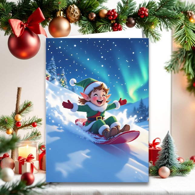 Joyful Christmas Elf Sledding Personalize Card (Creator Uploaded)