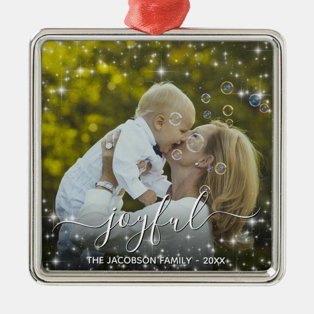 Joyful Christmas Fun Sparkles Holiday Photo Metal Ornament (Front)