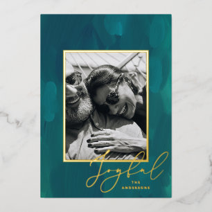 Joyful Christmas. Gold abstract green oil brush Foil Holiday Card