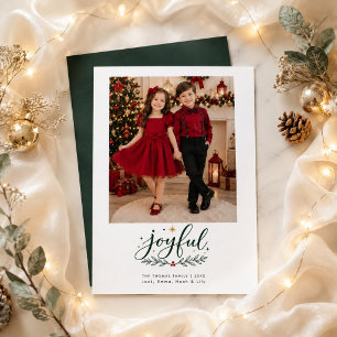 Joyful Christmas Kids Red Outfit Photo Holiday Card