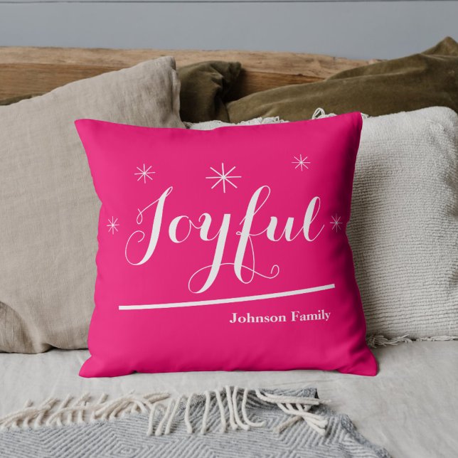 Joyful Christmas Personalised Family Name Hot Pink Cushion (Add some Joyful spice to the holidays with these hot pink throw pillows.)
