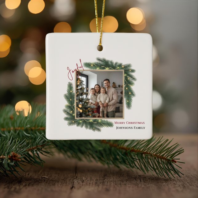Joyful Christmas Personalised Family Photo  Ceramic Ornament (Creator Uploaded)