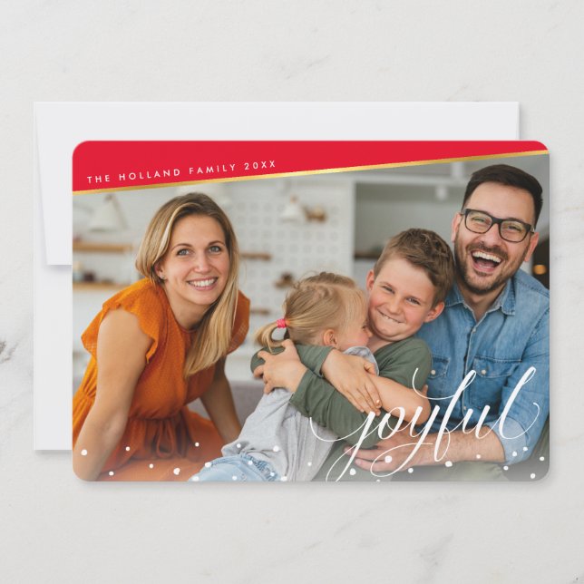 JOYFUL CHRISTMAS PHOTO modern calligraphy red gold Holiday Card (Front)