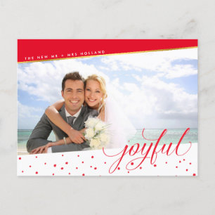 JOYFUL CHRISTMAS PHOTO modern calligraphy red gold Holiday Postcard