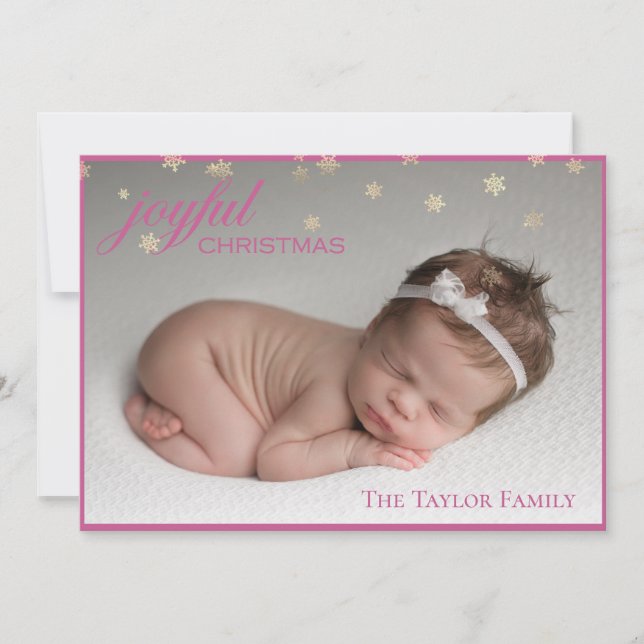 Joyful CHRISTMAS - Pink New Baby Photo Holiday Card (Front)