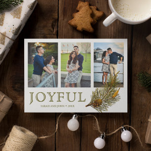 Joyful Christmas Rustic Pine Sprig Photo Collage Holiday Card