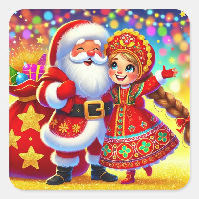 Joyful Christmas Scene Featuring Santa Square Sticker (Front)