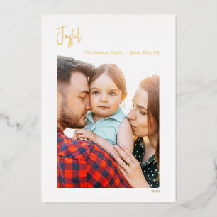 Joyful Christmas Script Vertical Single Photo Gold Foil Holiday Card