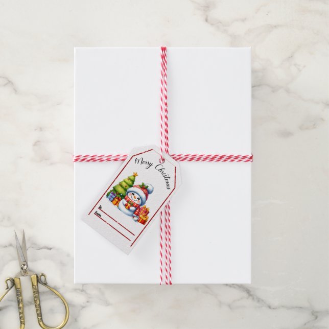 Joyful Christmas tag with snowman & gifts (With Twine)