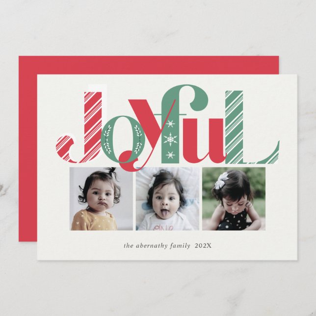 Joyful Christmas Three Photo Red Green Holiday Card (Front/Back)