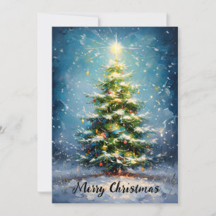 Joyful Christmas Tree in a Snowy Field - Oil Paint Holiday Card
