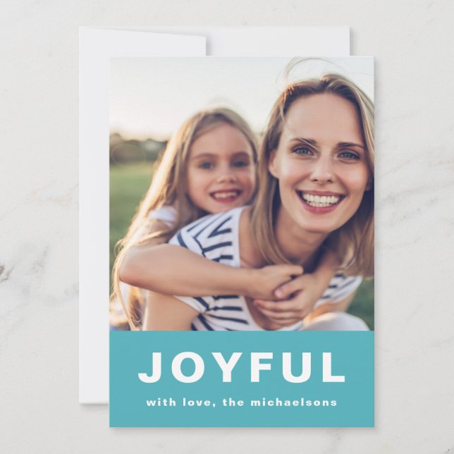 Joyful Christmas Vibrant Blue Two Photo Collage Holiday Card (Front)