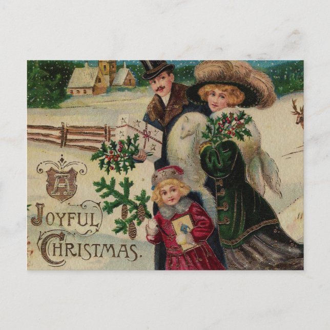 Joyful Christmas Victorian Family and Village Holiday Postcard (Front)
