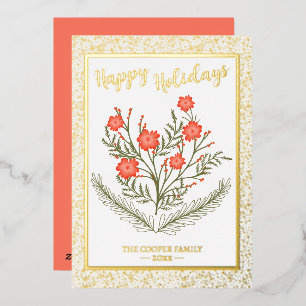 Joyful Christmas Winter Floral Gold Glitter Foil Holiday Card