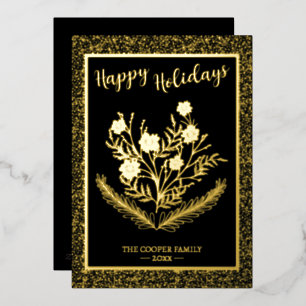 Joyful Christmas Winter Floral Gold Glitter Foil Holiday Card