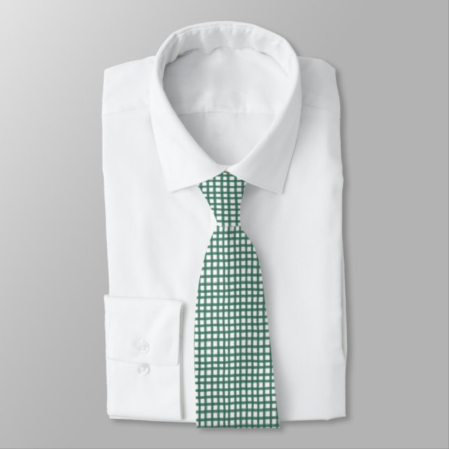 Joyful Classic Green Gingham Plaid Pattern Holiday Tie (Tied)
