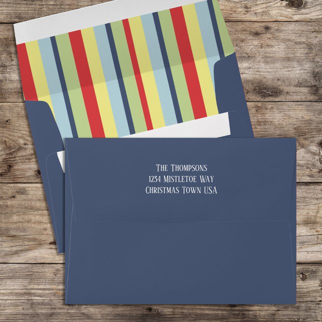 Joyful Colourful Calligraphy Script Matching 5x7 E Envelope (Christmas holiday striped envelope with navy blue and return address label. )