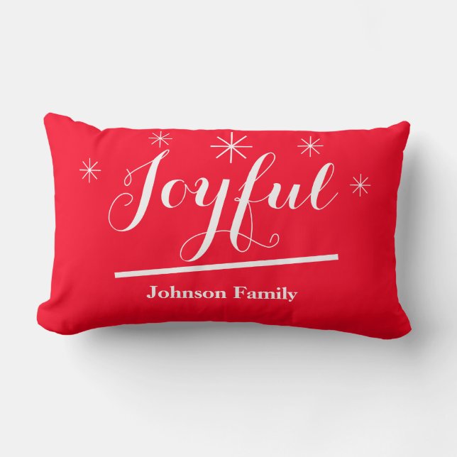 Joyful Cool Script Name Rustic Chic Red Christmas Lumbar Cushion (Front)