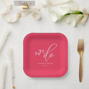 Joyful Coral Pink Wedding Invitation Paper Plate